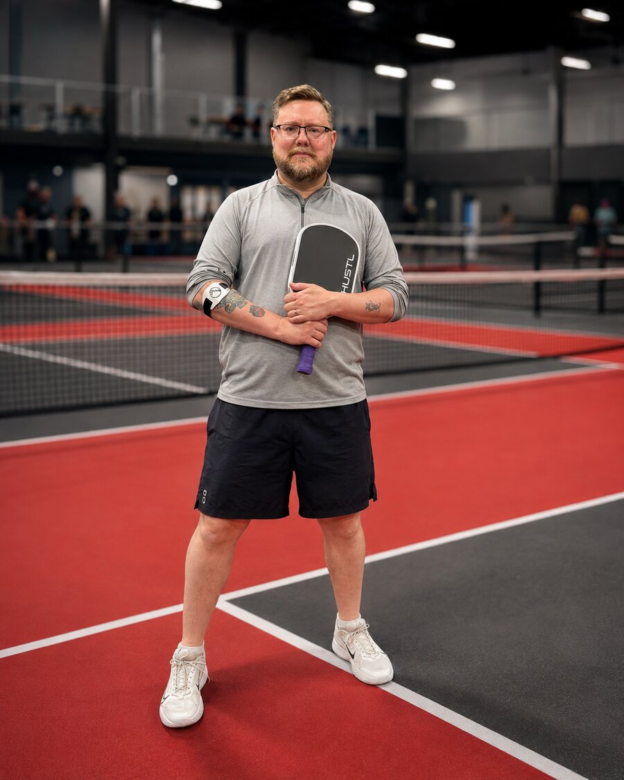 Nick Carter holding a pickleball paddle at an indoor pickleball club