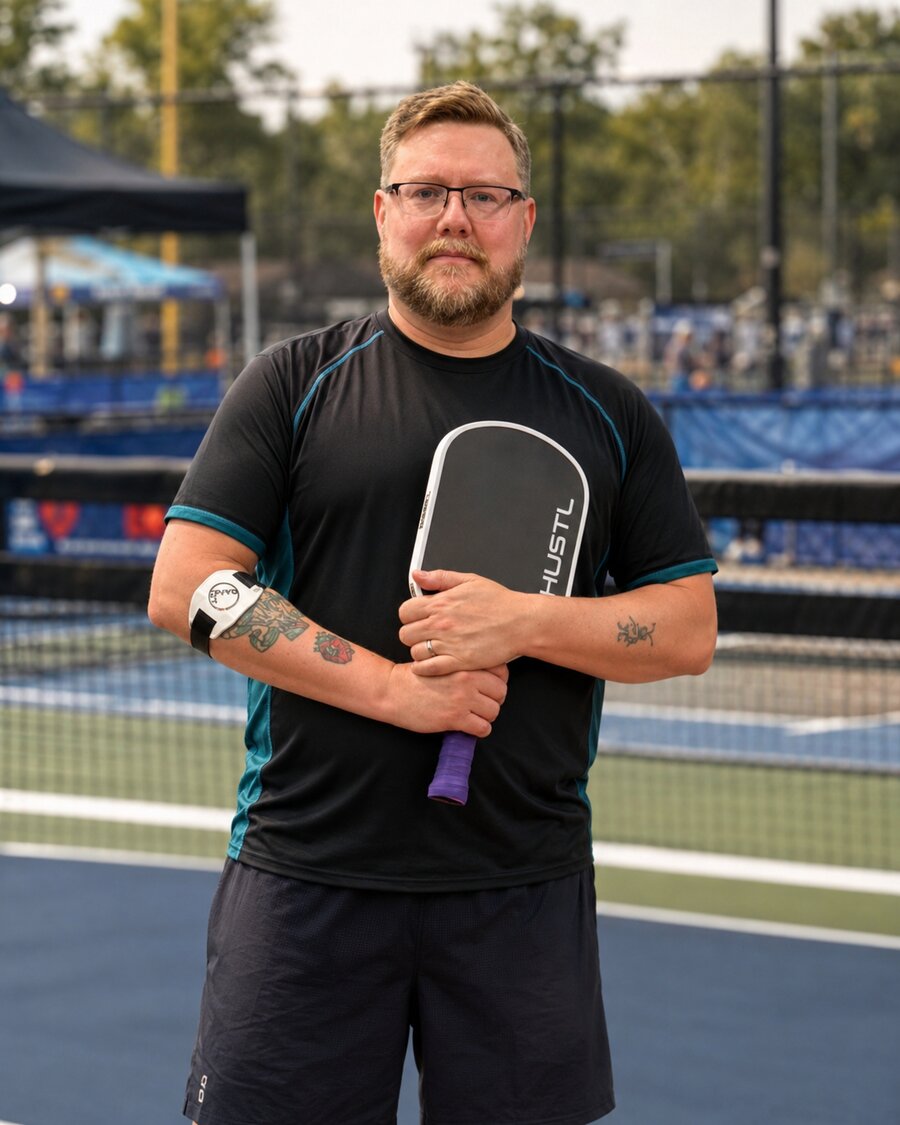 Nick Carter holding his pickleball paddle on an outdoor court